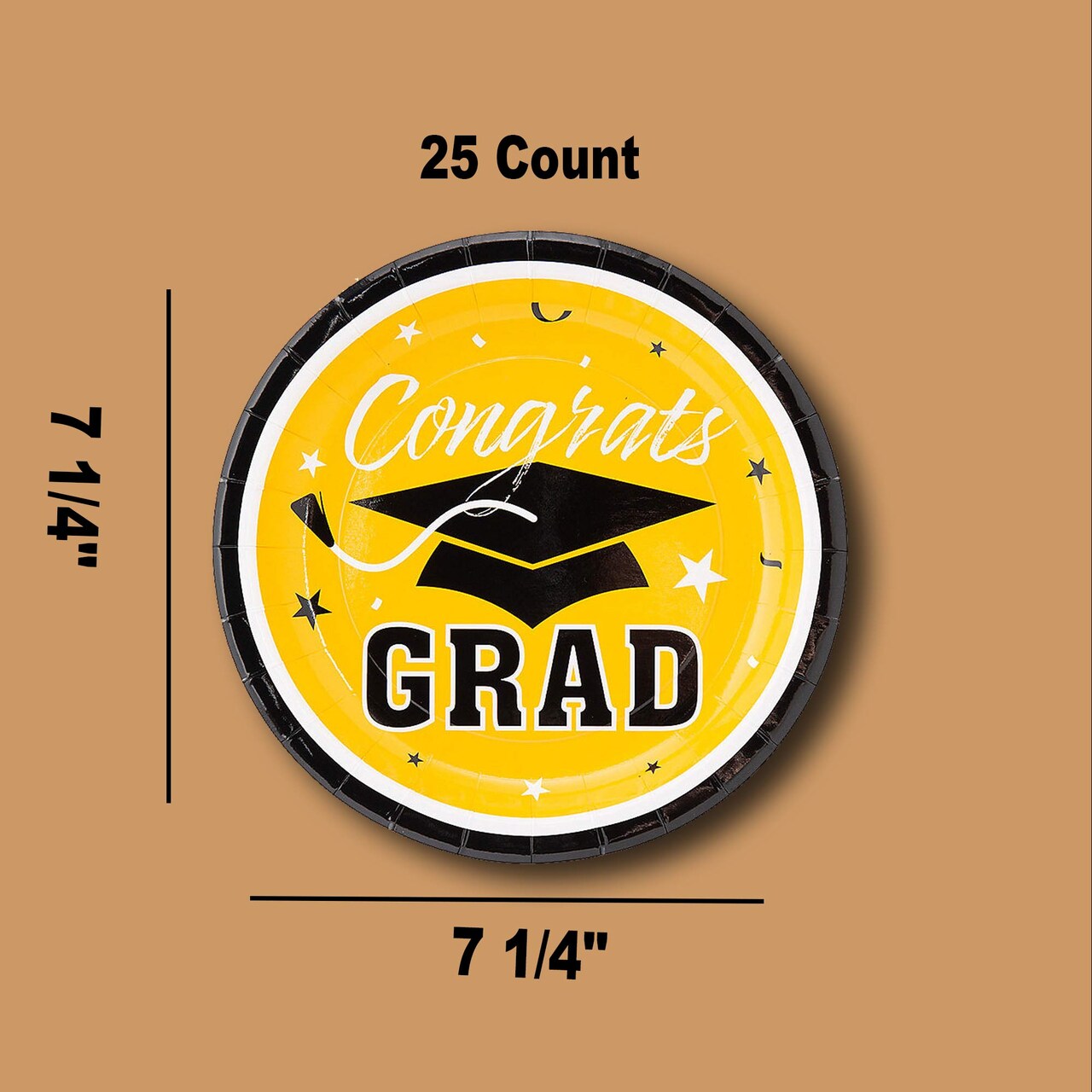 25 Count Yellow Congrats Grad Solid Color Paper Dessert Plates Disposable Party Plates 7 1/4"